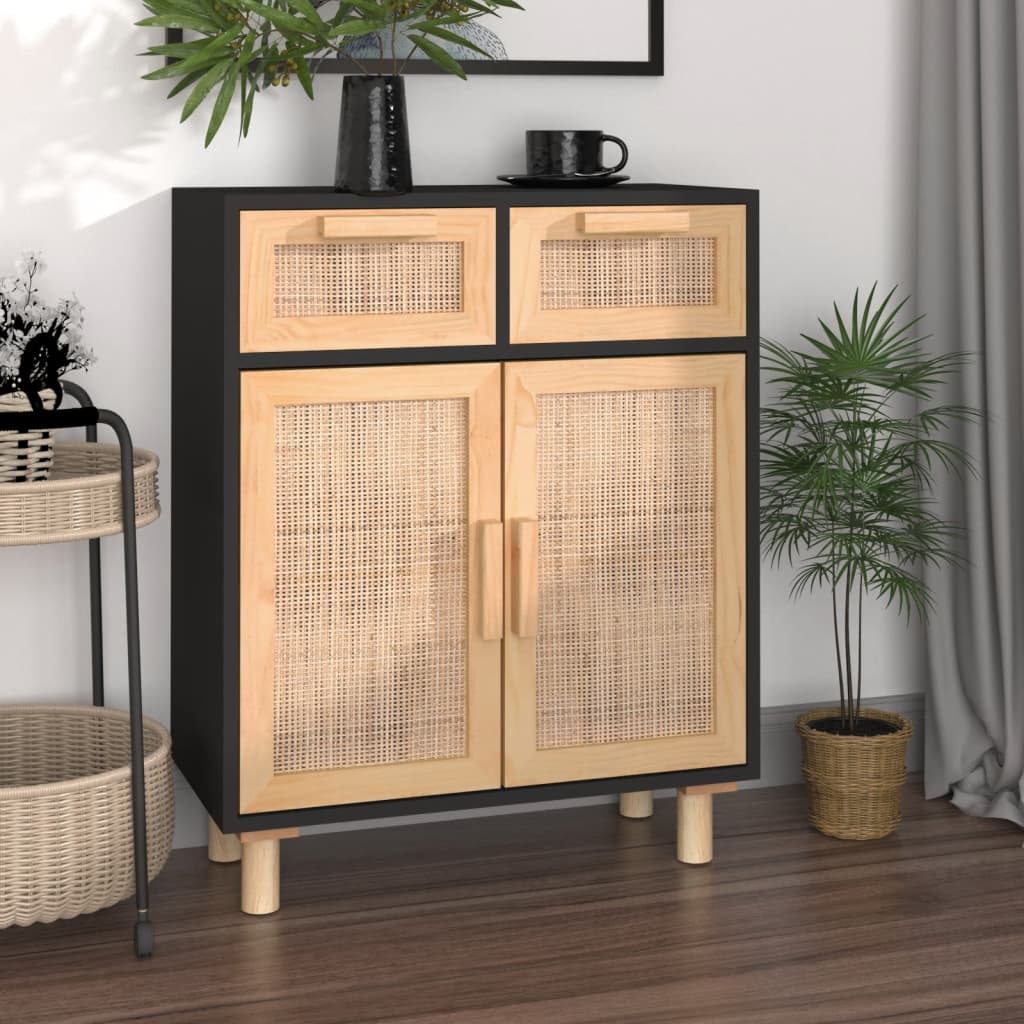 Sideboard | Black | Engineered wood, solid pinewood, natural rattan