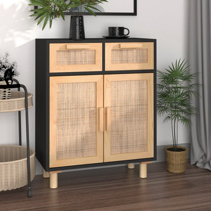 Sideboard | Black | Engineered wood, solid pinewood, natural rattan