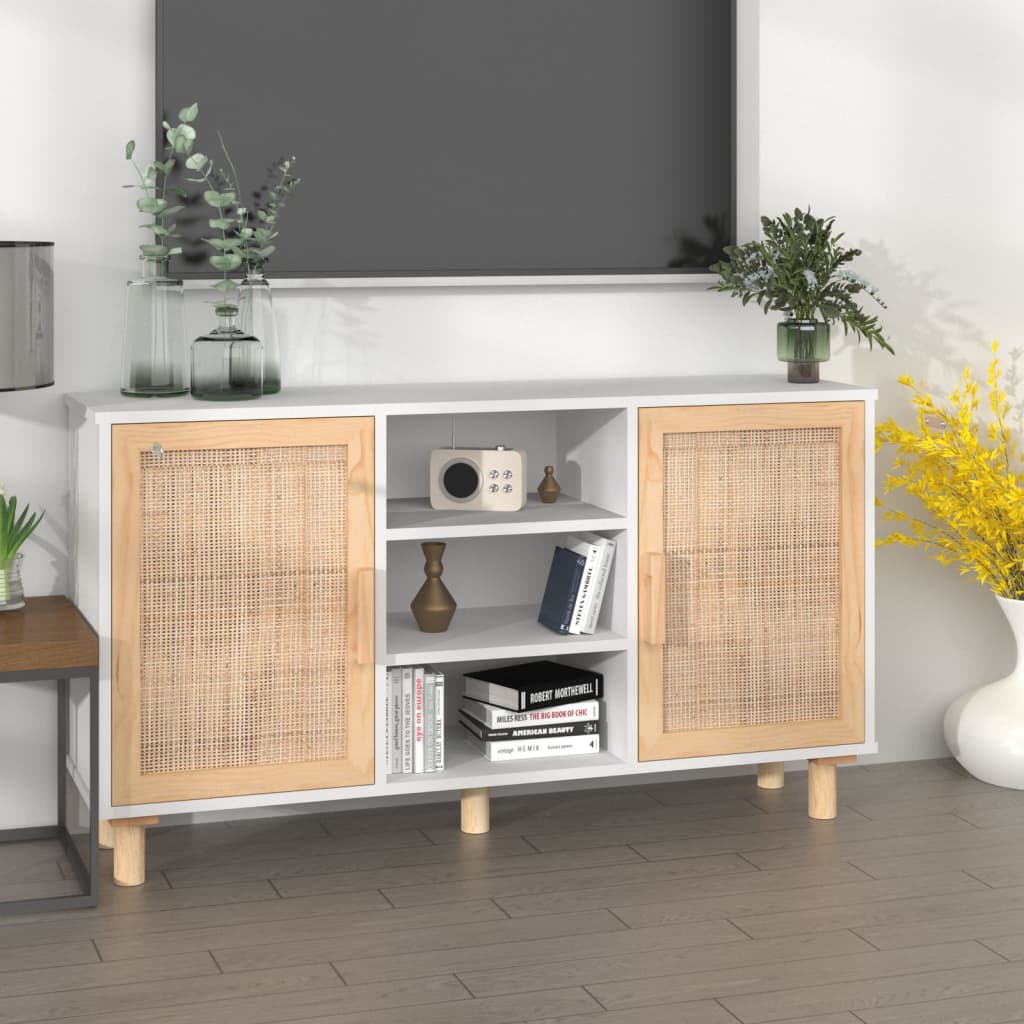 Sideboard | White | Engineered wood, solid pinewood, natural rattan