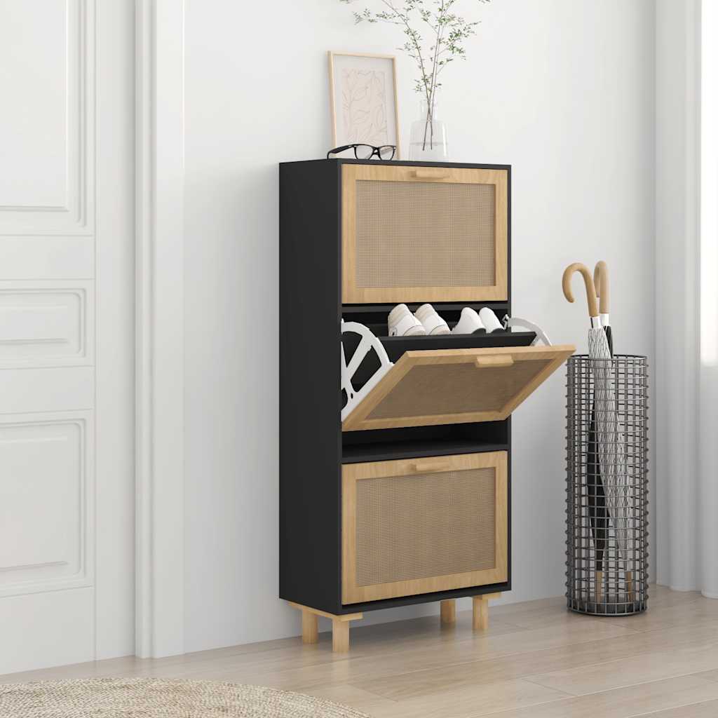 Shoe Cabinet Black 52x25x115 cm Engineered Wood&Natural Rattan