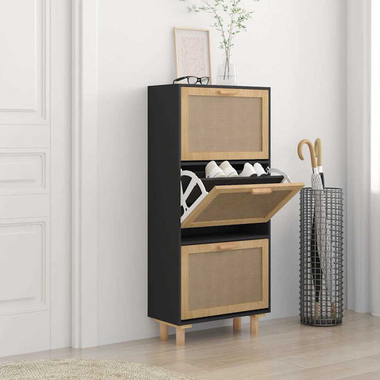 Shoe Cabinet Black 52x25x115 cm Engineered Wood&Natural Rattan