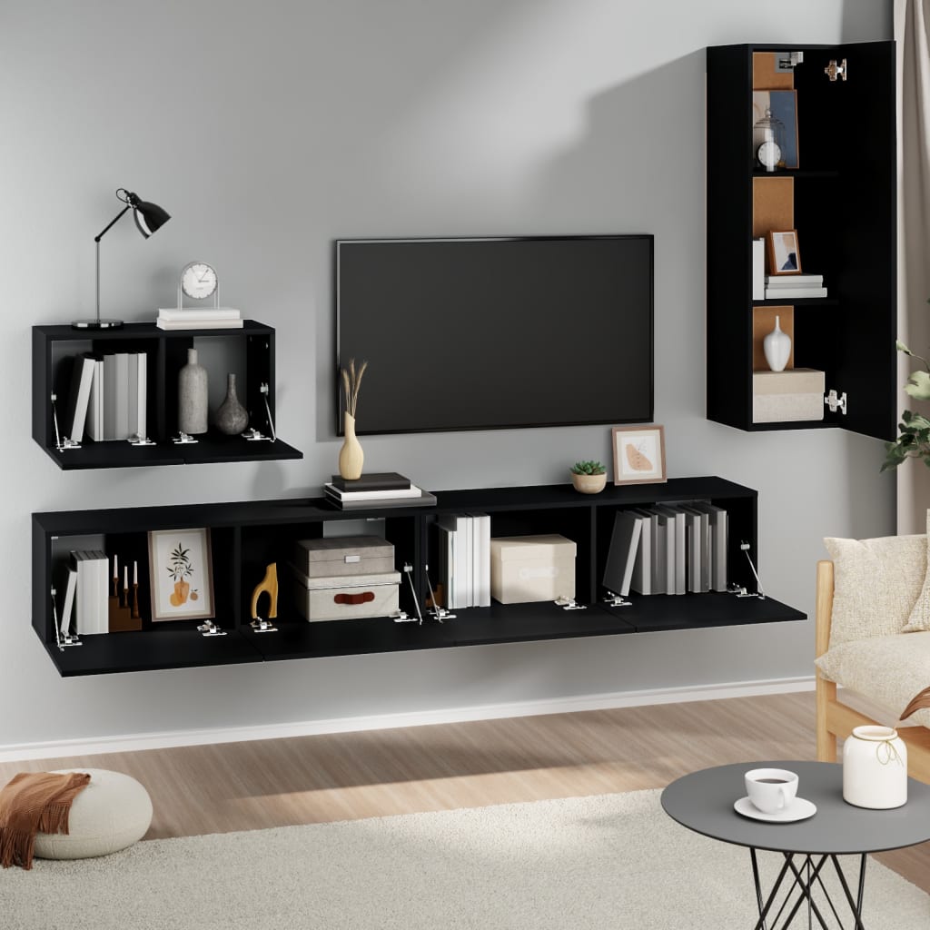 4 Piece TV Cabinet Set Black Engineered Wood