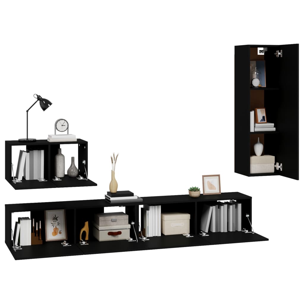 4 Piece TV Cabinet Set Black Engineered Wood