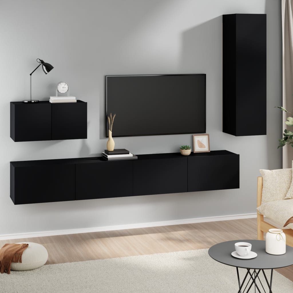 4 Piece TV Cabinet Set Black Engineered Wood