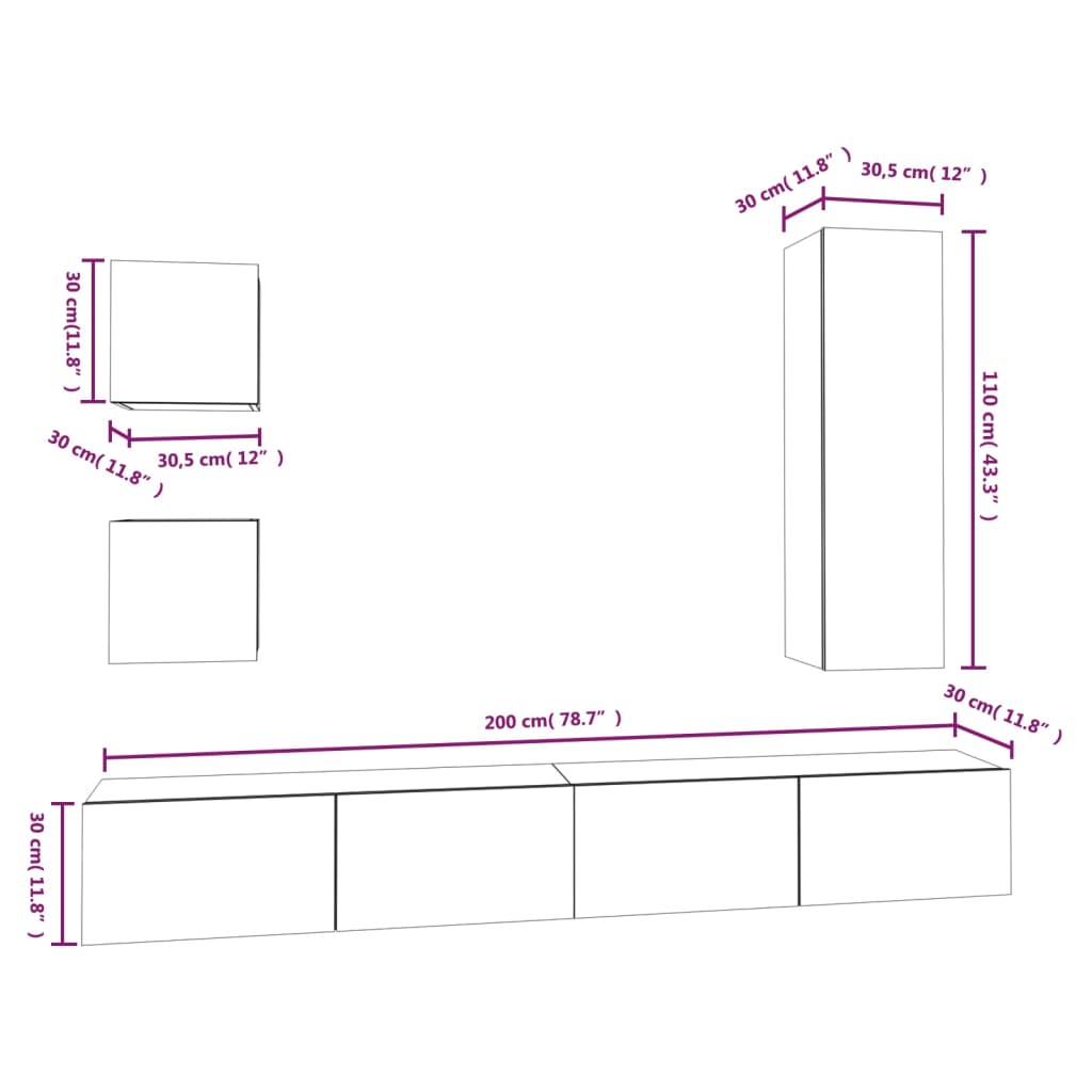 5 Piece TV Cabinet Set Black Engineered Wood