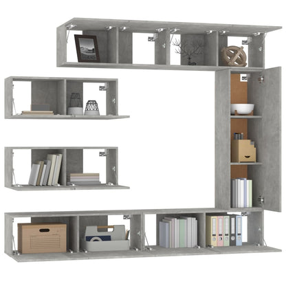 TV Cabinet Set | 7 Piece | Concrete Grey | Engineered Wood | Wall Mounted