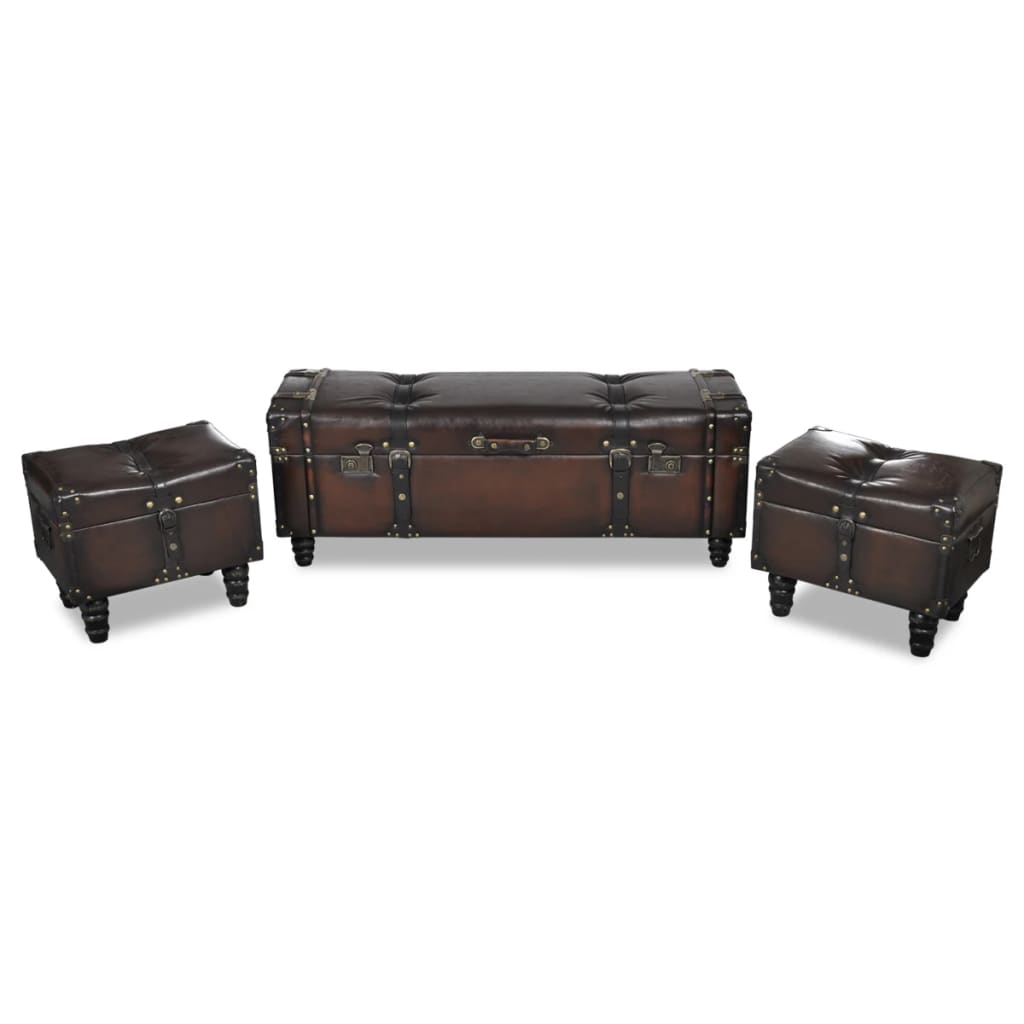 Storage Benches 3 pcs Dark Brown Solid Wood Pine&Faux Leather