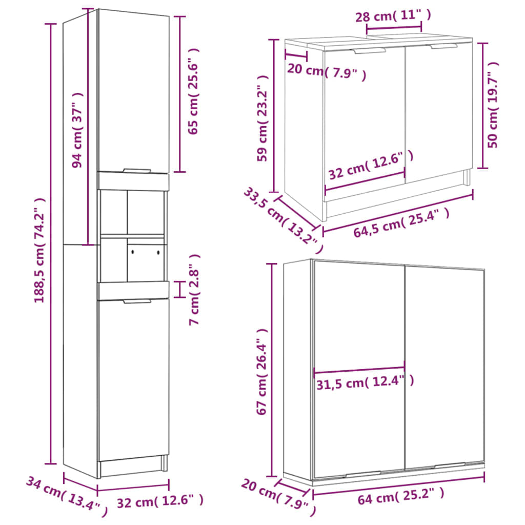 3 Piece Bathroom Cabinet Set High Gloss White Engineered Wood