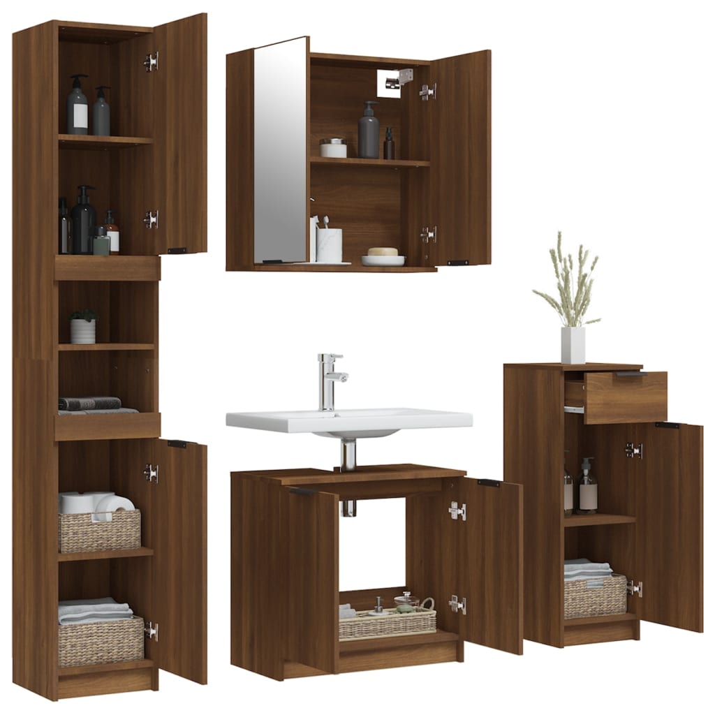 4 Piece Bathroom Cabinet Set Brown Oak Engineered Wood