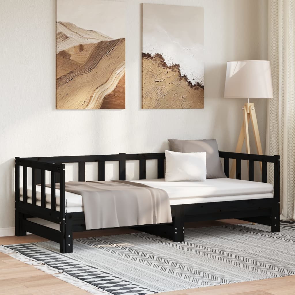 Day Bed | Black | Solid Pine Wood | Double | Pull-Out | Rectangular