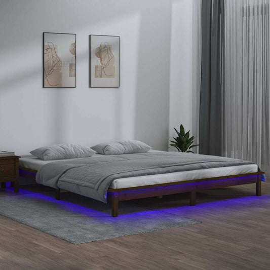 LED Bed Frame without Mattress Honey Brown 120x190cm  Solid Wood