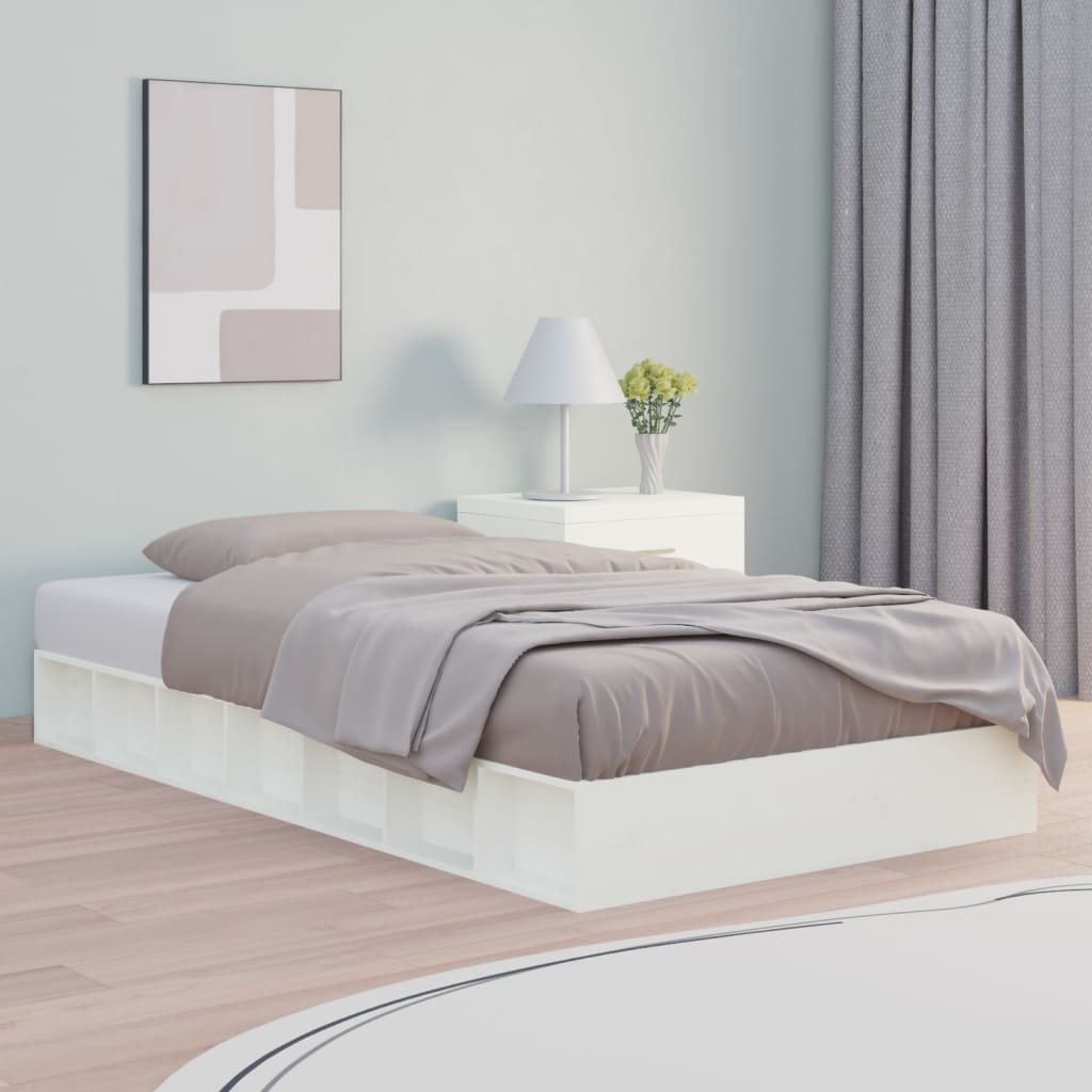 Bed Frame | White | Solid Pine Wood | 140 x 190 | Decorative Inlays