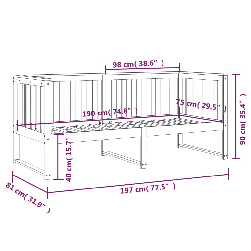 Day Bed without Mattress White 75x190 cm Small Single Solid Wood Pine