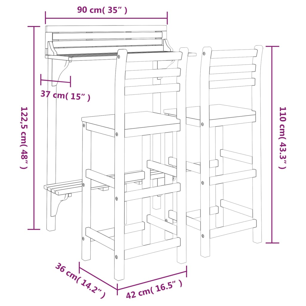 3 Piece Balcony Bar Set Solid Wood Acacia