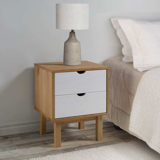 Bedside Cabinet | Brown and White | Solid Pine Wood, Engineered Wood