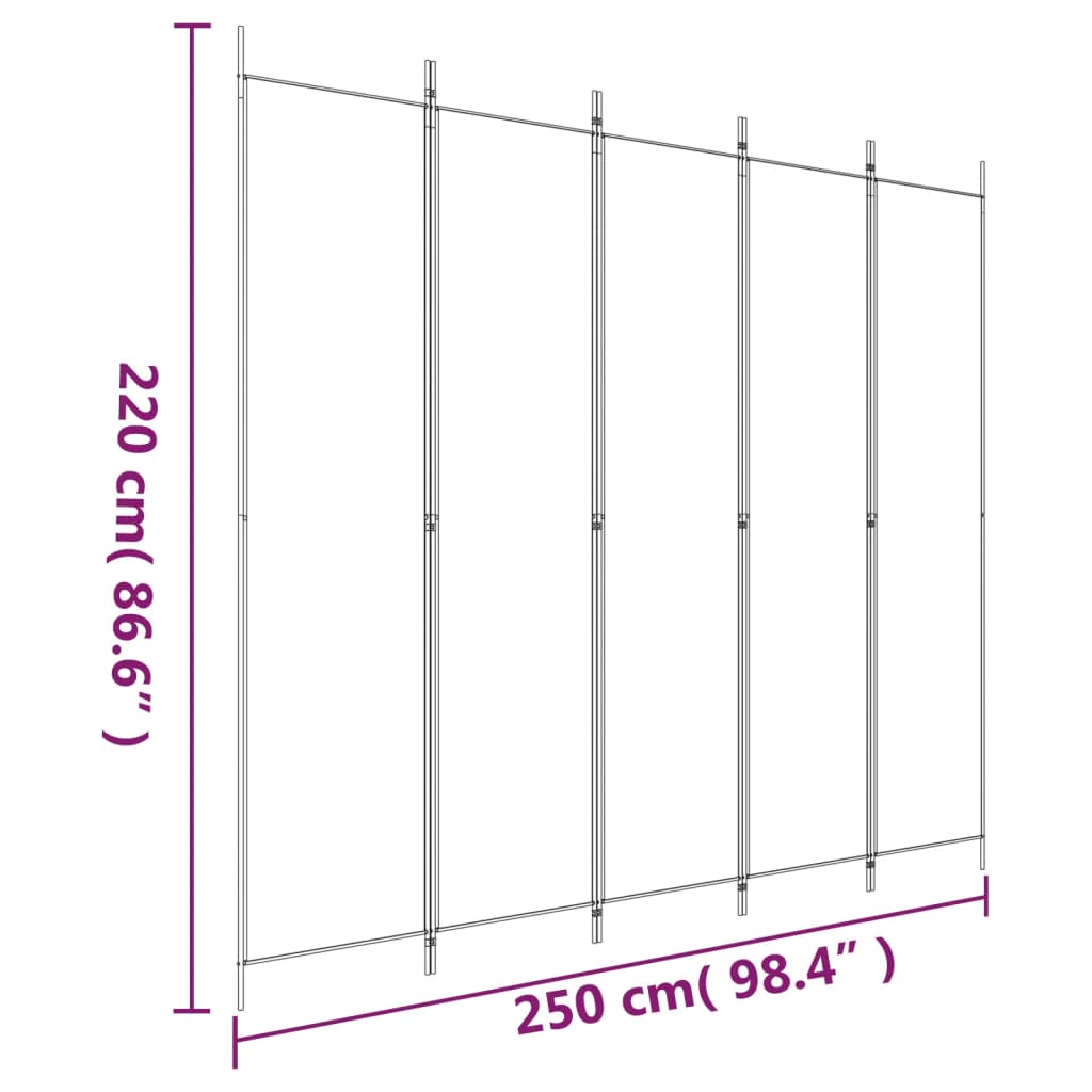 5-Panel Room Divider White 250x220 cm Fabric