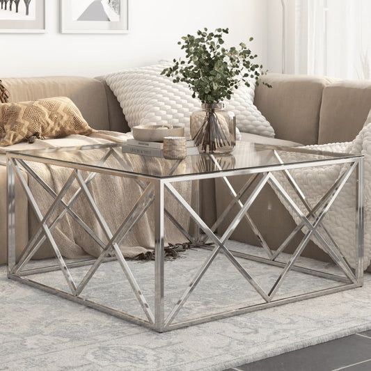 Coffee Table Silver, Clear Stainless Steel, Tempered Glass