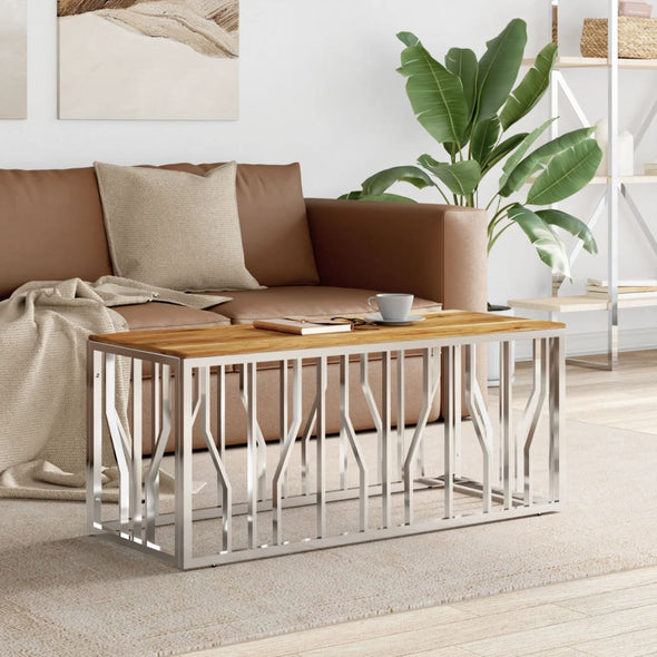 Coffee Table Silver Stainless Steel and Solid Wood Acacia