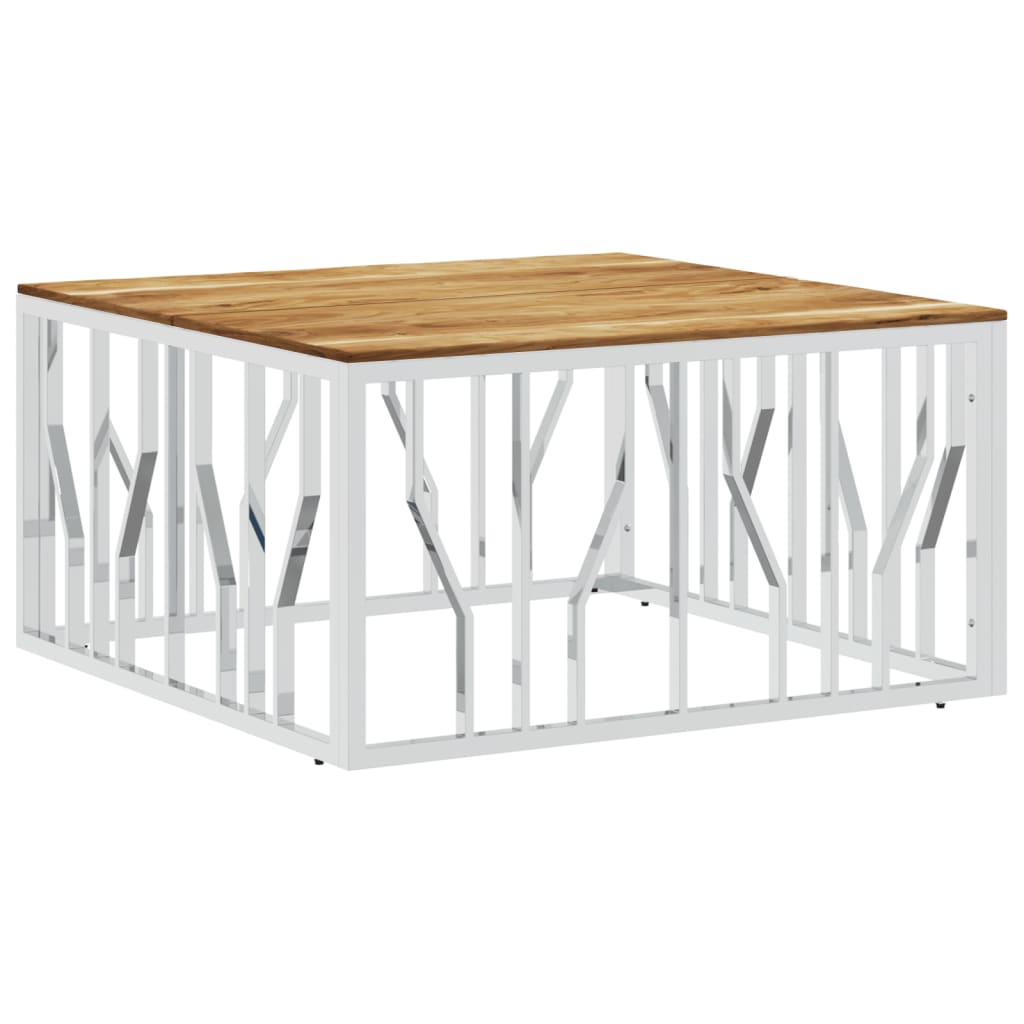 Coffee Table Silver Stainless Steel and Solid Wood Acacia
