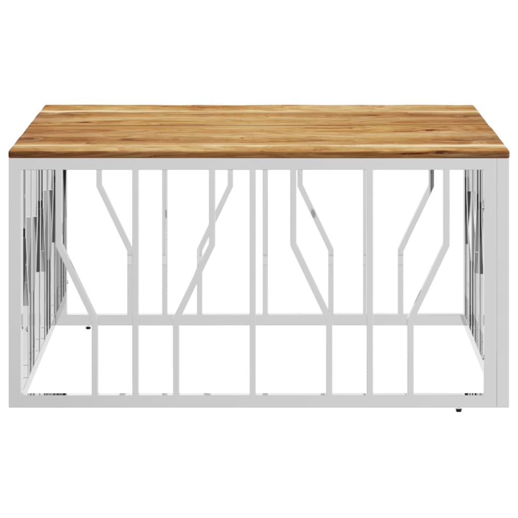 Coffee Table Silver Stainless Steel and Solid Wood Acacia