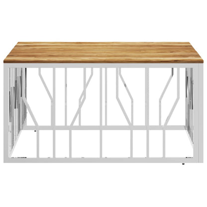 Coffee Table Silver Stainless Steel and Solid Wood Acacia