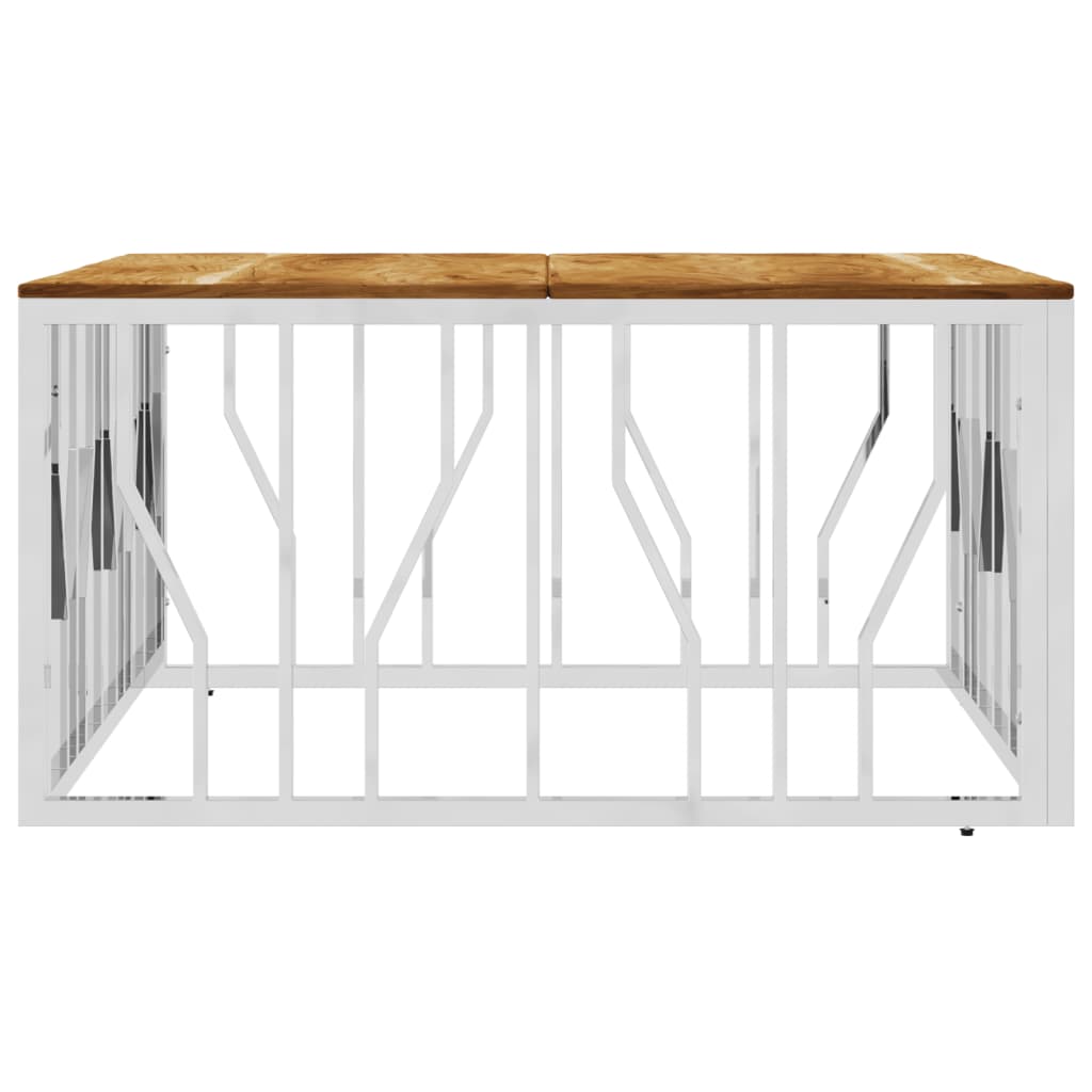 Coffee Table Silver Stainless Steel and Solid Wood Acacia