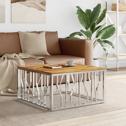 Coffee Table Silver Stainless Steel and Solid Wood Acacia