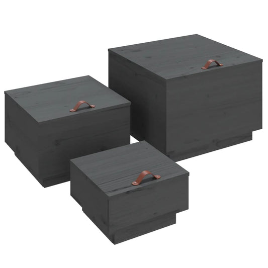 Storage Box | Set of 3 | Grey | Solid pine wood | Small, Medium, Large