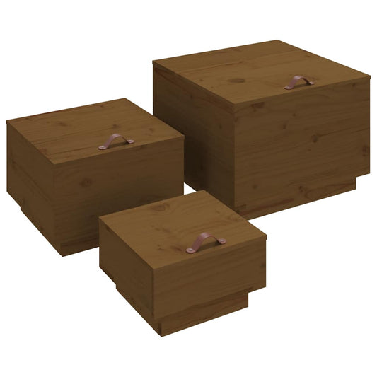 Storage Box | Set of 3 | Honey Brown | Solid Pine Wood