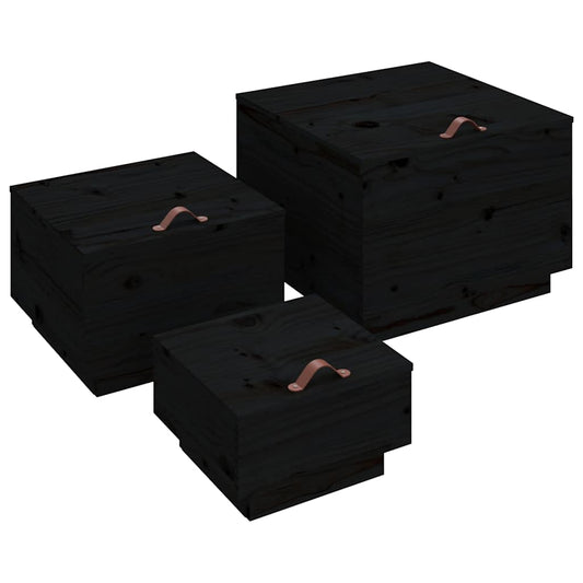 Storage Box | Set of 3 | Black | Solid pine wood | Large, Medium, Small