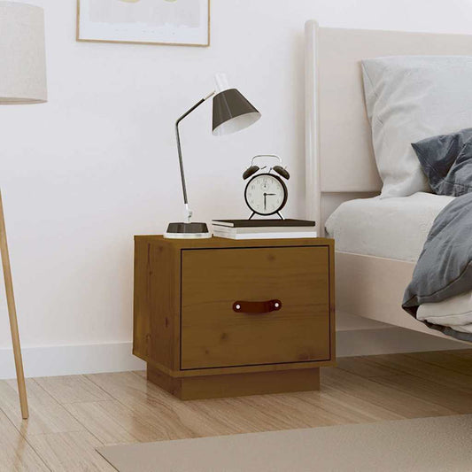 Bedside Cabinet | Honey Brown | Solid pine wood, faux leather | Compact