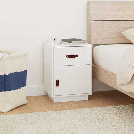 Bedside Cabinet | White | Solid pine wood, faux leather | Compact