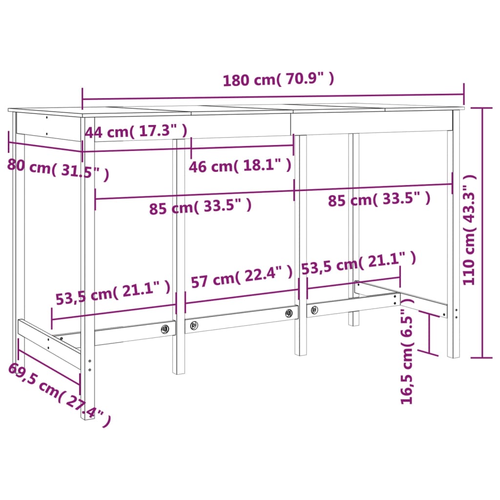 Bar Table White 180x80x110 cm Solid Wood Pine