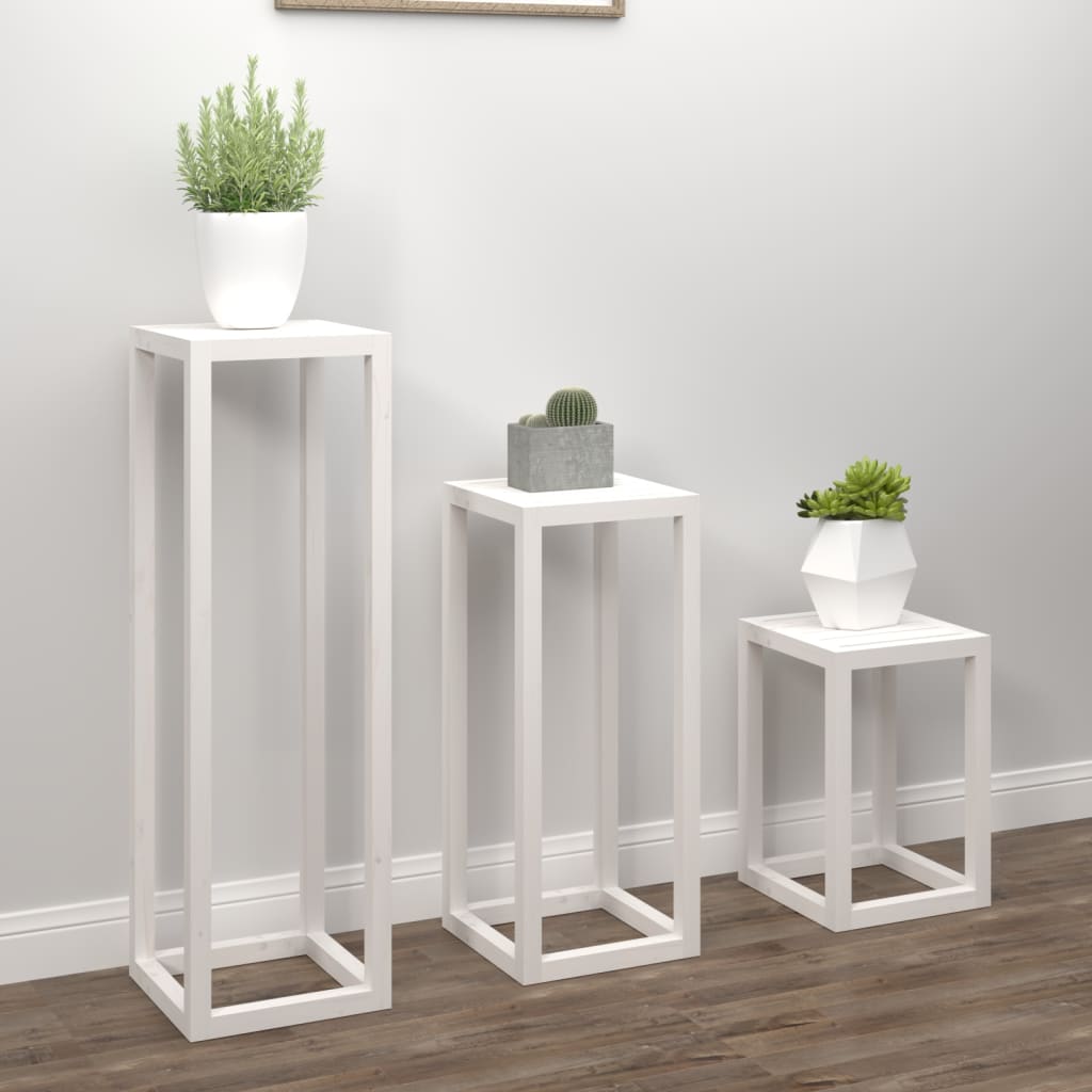 3 Piece Plant Stand Set White Solid Wood Pine