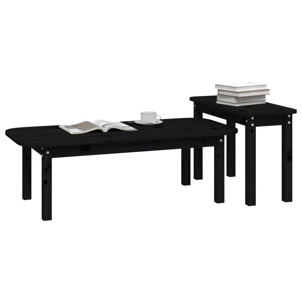 2 Piece Coffee Table Set Black Solid Wood Pine