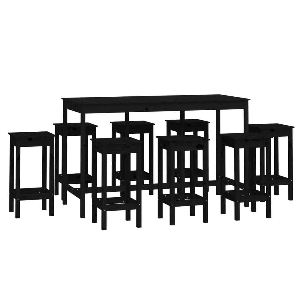 9 Piece Bar Set Black Solid Wood Pine