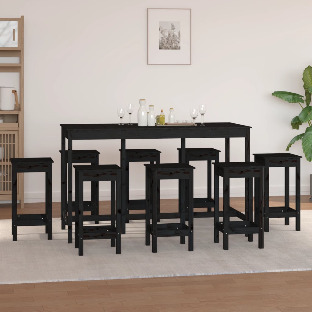 9 Piece Bar Set Black Solid Wood Pine