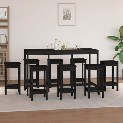 9 Piece Bar Set Black Solid Wood Pine