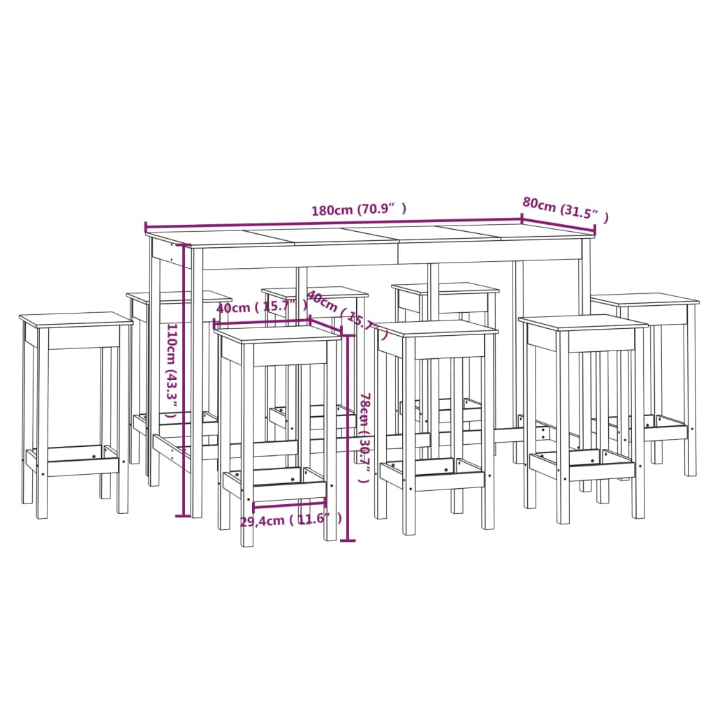 9 Piece Bar Set Black Solid Wood Pine