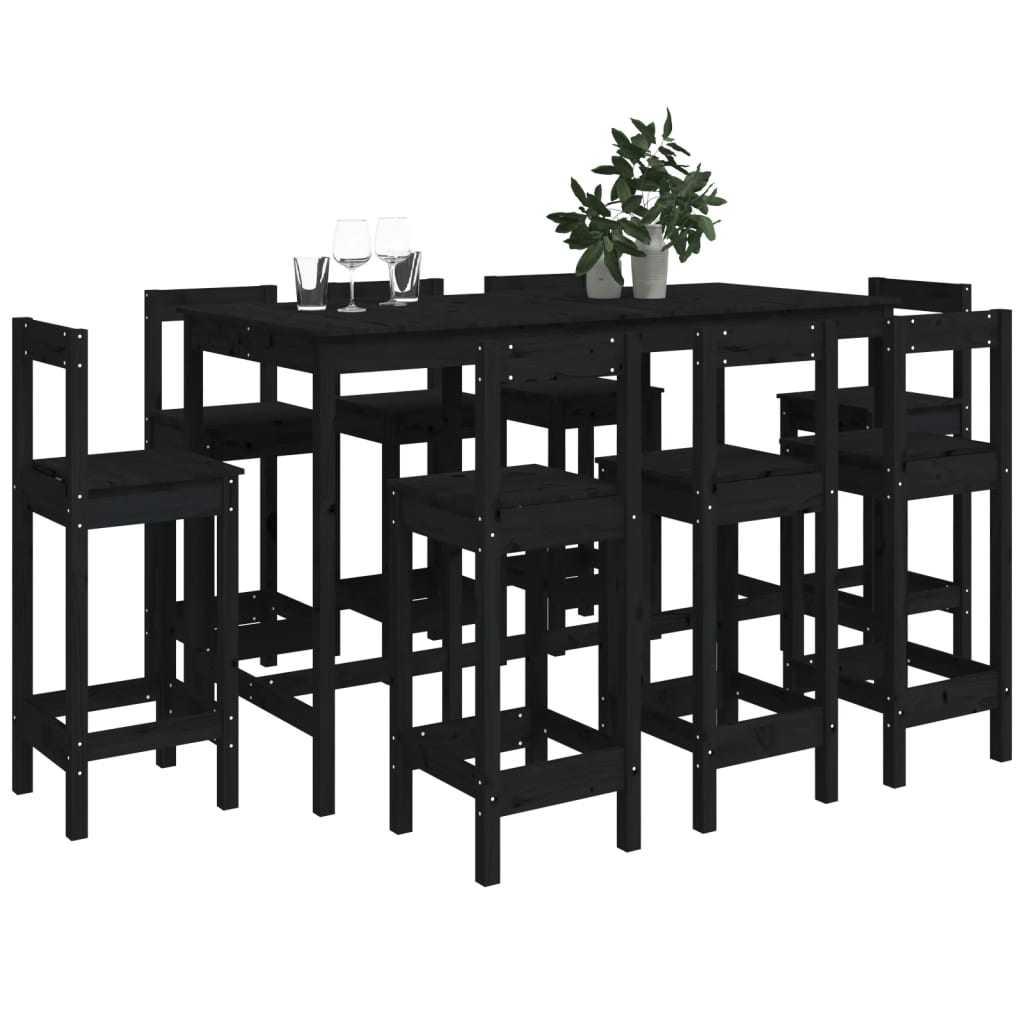 9 Piece Bar Set Black Solid Wood Pine