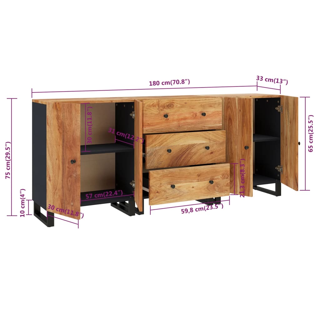 3 Piece Sideboards Solid Wood Acacia