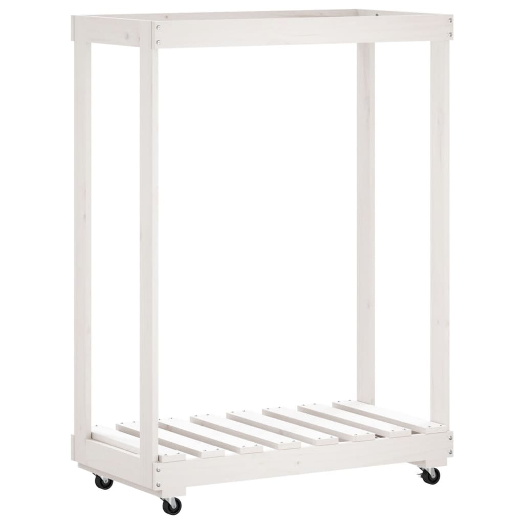 Log Holder with Wheels White 76.5x40x108 cm Solid Wood Pine