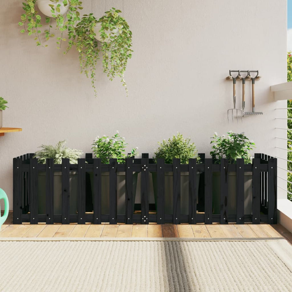 Garden Raised Bed with Fence Design Black 200x50x50 cm Solid Wood Pine