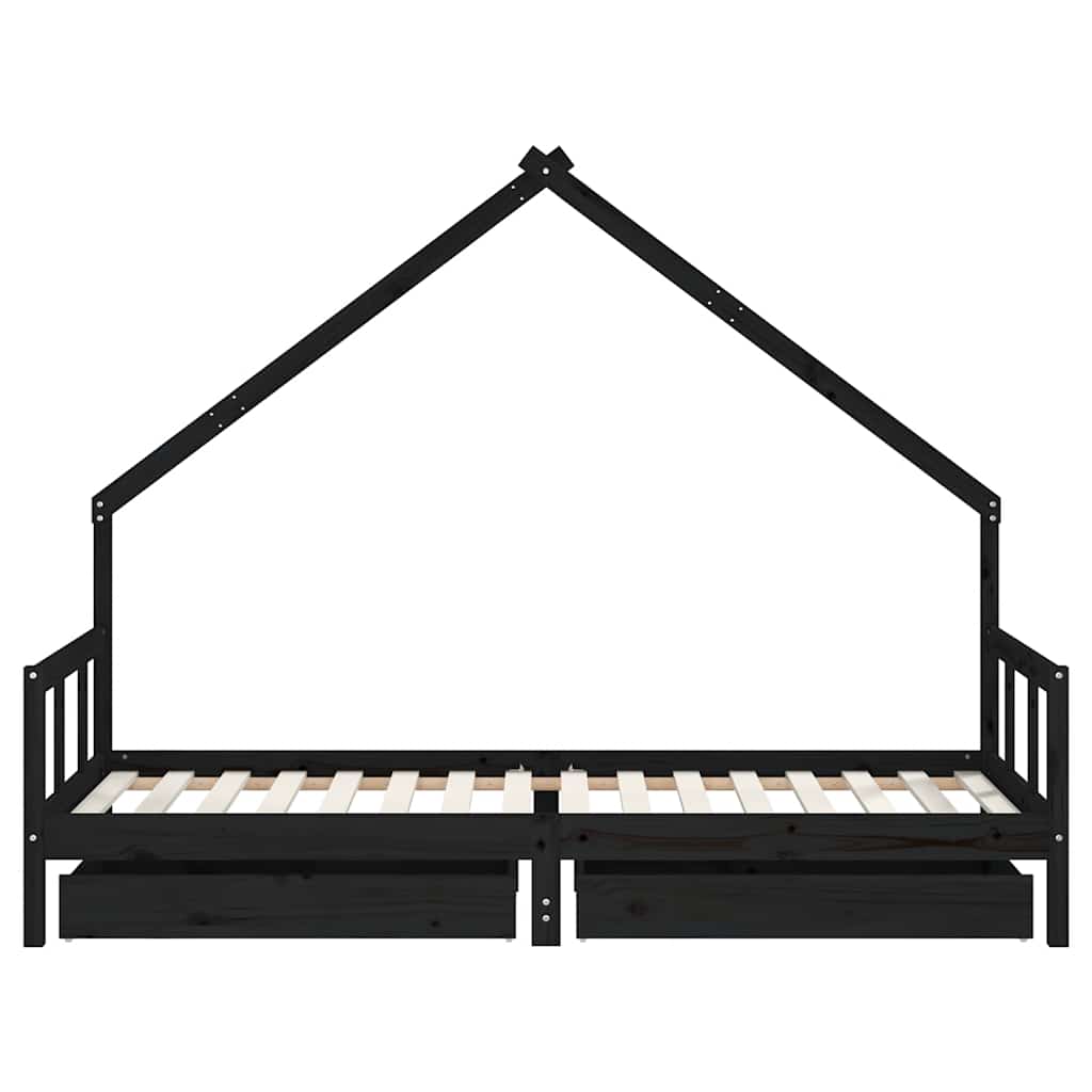 Kids Bed Frame with Drawers Black 90x200 cm Solid Wood Pine