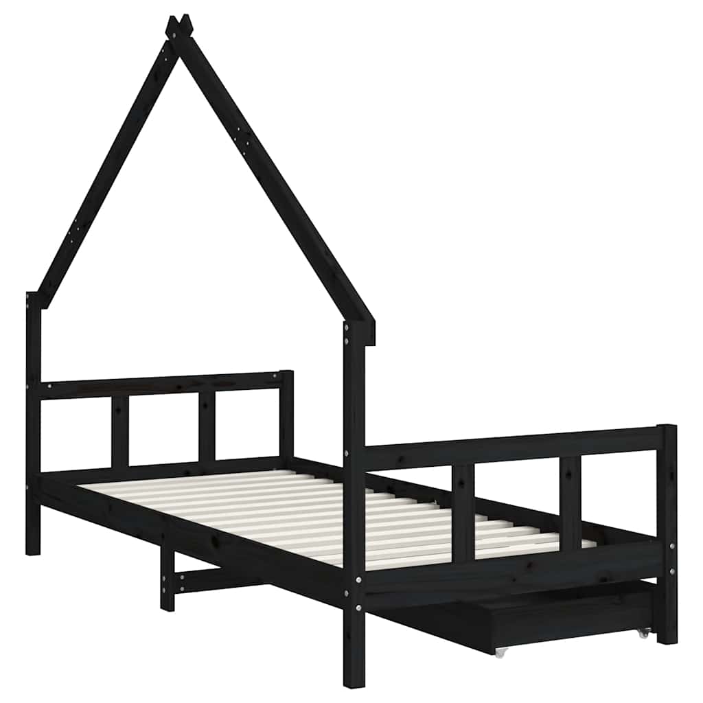 Kids Bed Frame with Drawers Black 90x200 cm Solid Wood Pine