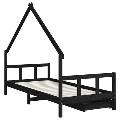 Kids Bed Frame with Drawers Black 90x200 cm Solid Wood Pine