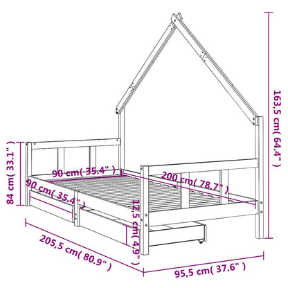 Kids Bed Frame with Drawers Black 90x200 cm Solid Wood Pine