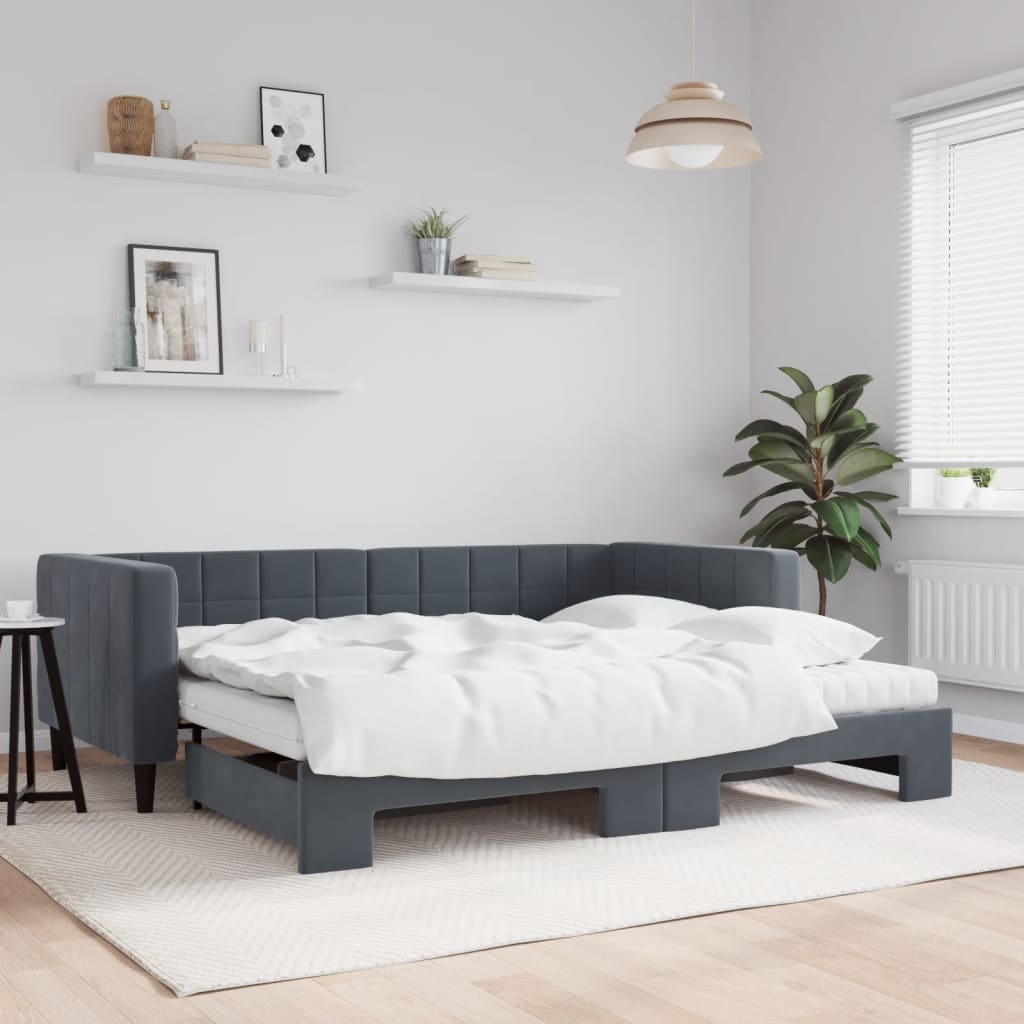 Daybed with Trundle and Mattresses Dark Grey 90x190 cm Velvet
