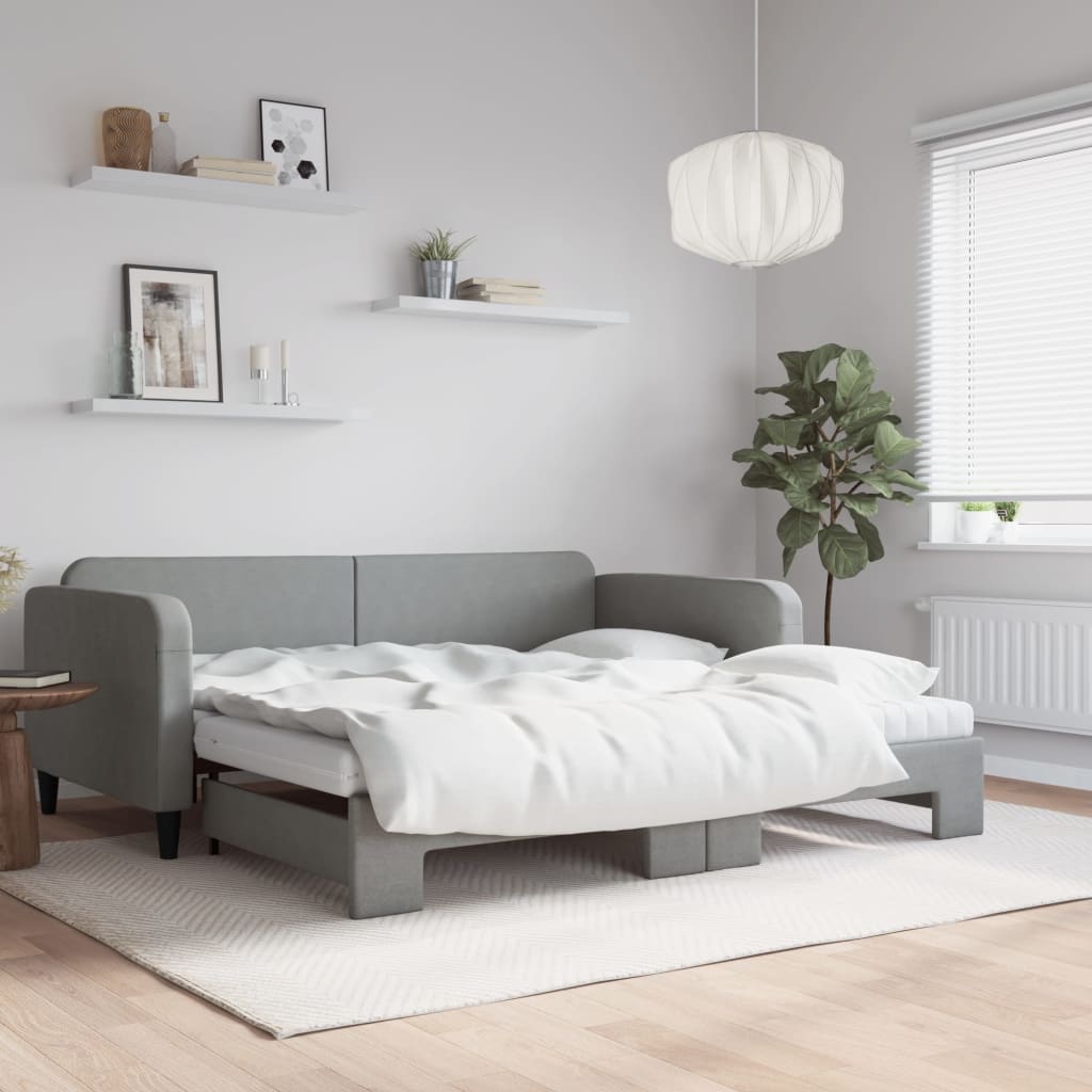 Daybed with Trundle and Mattresses Light Grey 90x190 cm Fabric