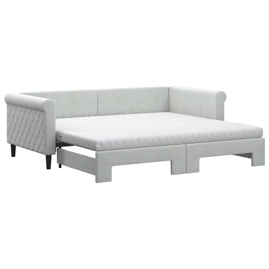 Daybed with Trundle and Mattresses Light Grey 90x190 cm Velvet